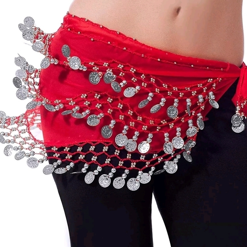 Chiffon 128 Silver Coins Belly Dance Costume Hip Skirt Scarf Wrap Belt And DVD - Picture 3 of 11